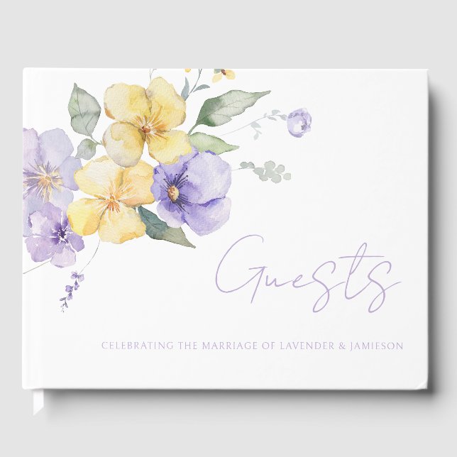 Lavender Purple & Sunshine Yellow Floral Wedding Guest Book (Front)