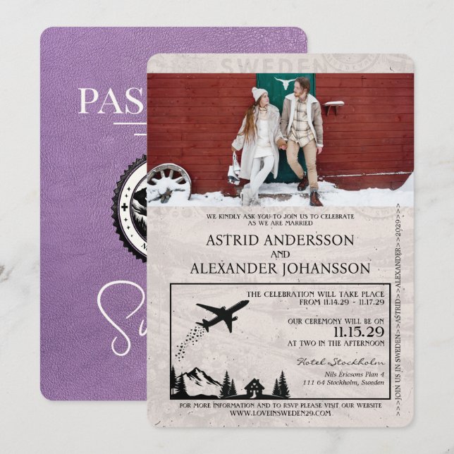 Lavender Purple Sweden Passport Wedding Invitation (Front/Back)