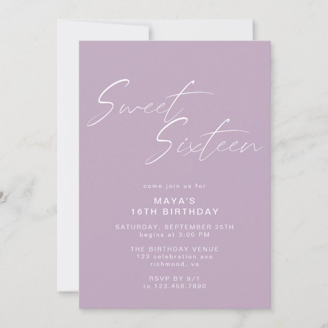 Lavender Purple Sweet Sixteen Lilac 16th Birthday Invitation (Front)