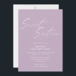 Lavender Purple Sweet Sixteen Lilac 16th Birthday Invitation<br><div class="desc">Pretty and simplistic 16th birthday invitations with heading "Sweet Sixteen" text in white script font on an airy pastel purple background. The reverse side features a pattern of the word "sixteen" in coordinating script. The reverse side pattern, as well as the background colour, can be changed by using the design...</div>