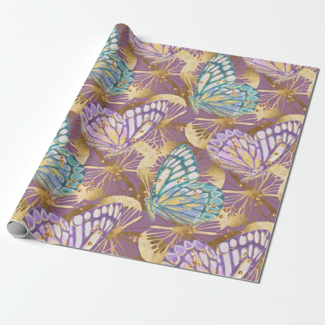 Lavender Purple Teal and Gold Butterfly Gift Wrap (Unrolled)