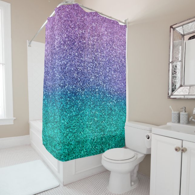 Lavender Purple & Teal Aqua Green Sparkly Glitter Shower Curtain (In Situ)