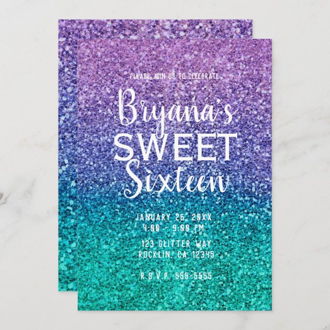 Lavender Purple & Teal Aqua Green Sparkly Sweet 16 Invitation (Front/Back)