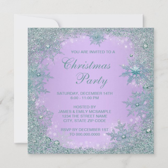 Lavender Purple Teal Blue Snowflake Christmas Invitation (Front)