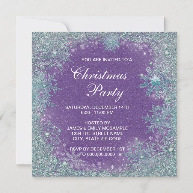 Lavender Purple Teal Blue Snowflake Christmas Invitation (Front)