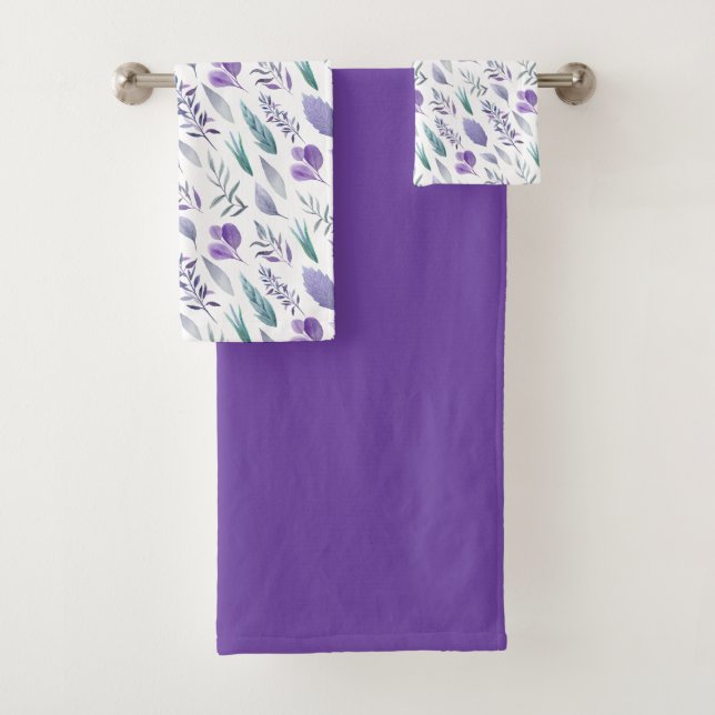 Lavender Purple Teal Green Botanicals Leaves | Bath Towel Set (Insitu)