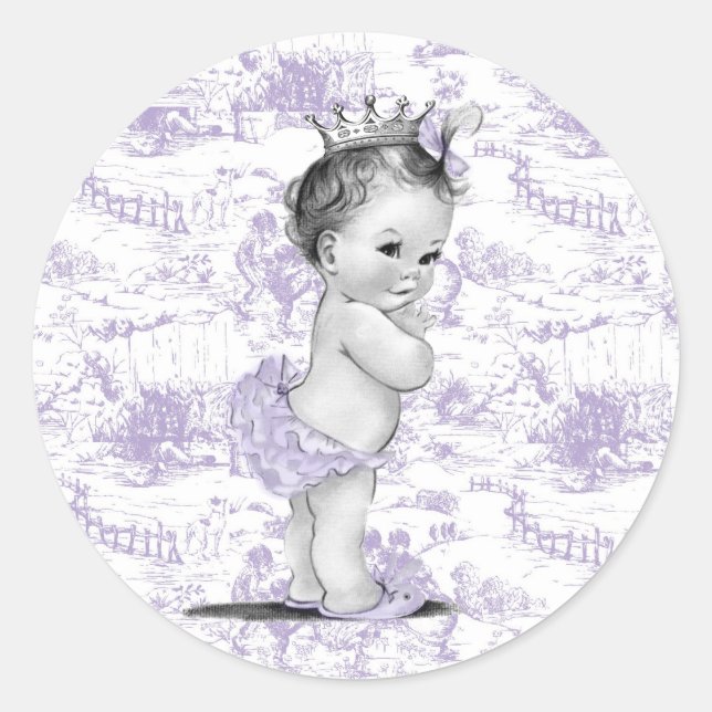 Lavender Purple Vintage Toile Baby Shower Stickers (Front)