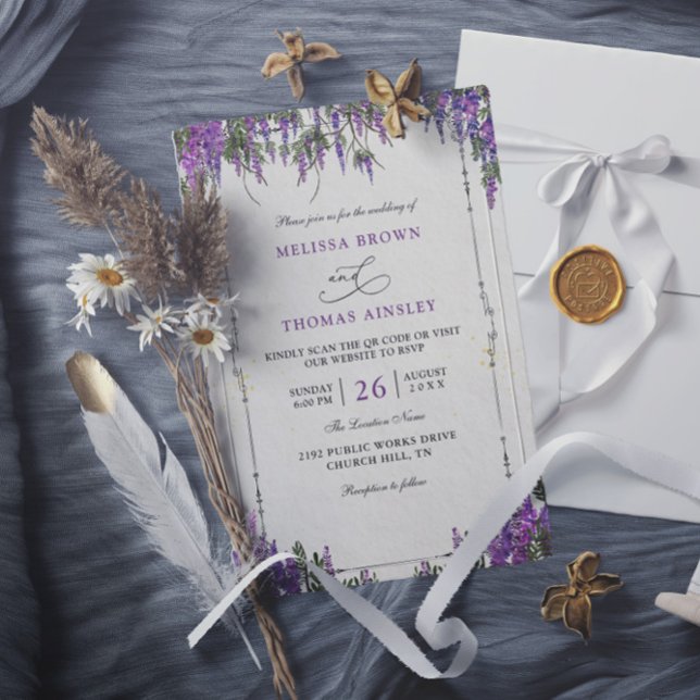 Lavender Purple Watercolor Budget QR Code Wedding Invitation (Creator Uploaded)
