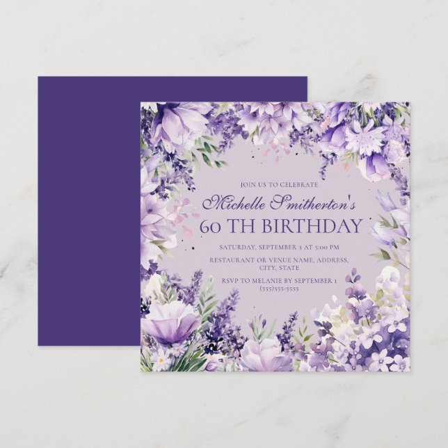 Lavender Purple Watercolor Floral 60th Birthday Invitation (Front/Back)