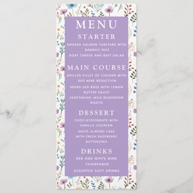 Lavender Purple Watercolor Floral Elegant Wedding  Menu (Front)