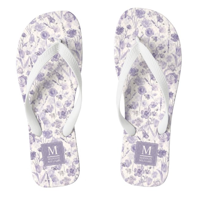 Lavender Purple Watercolor Floral Flowers Pattern Flip Flops (Footbed)