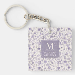 Lavender Purple Watercolor Floral Flowers Pattern Key Ring