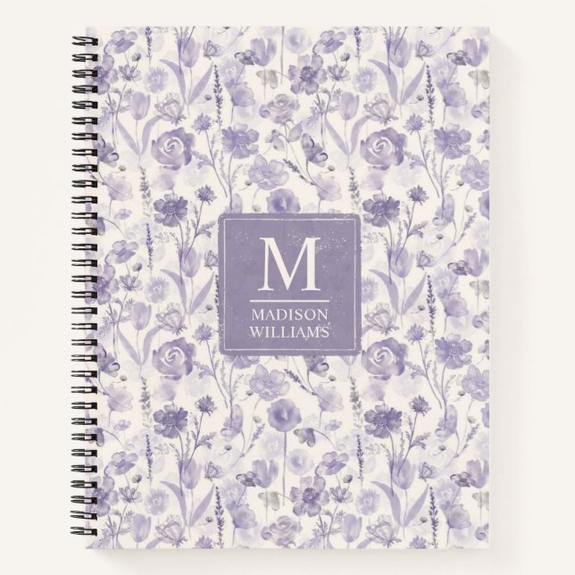Lavender Purple Watercolor Floral Flowers Pattern Notebook (Front)