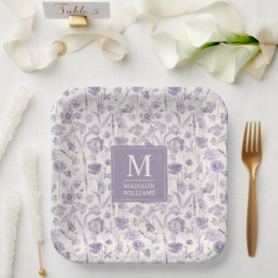 Lavender Purple Watercolor Floral Flowers Pattern Paper Plate