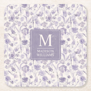 Lavender Purple Watercolor Floral Flowers Pattern Square Paper Coaster
