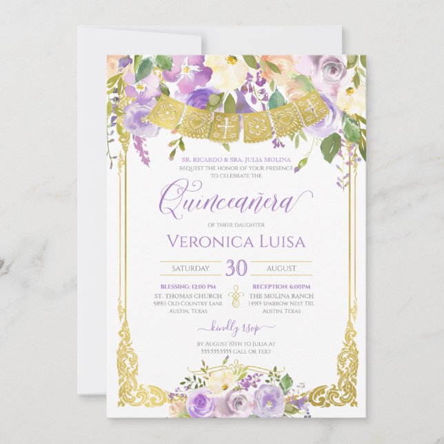 Lavender Purple Watercolor Floral Gold Quinceanera Invitation (Front)