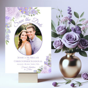 Lavender Purple Watercolor Floral & Photo Wedding Save The Date