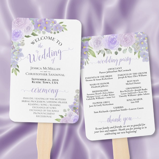 Lavender Purple Watercolor Floral Wedding Program Hand Fan (Front/Back)