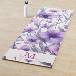 Lavender Purple Watercolor Florals Name Monogram Yoga Mat