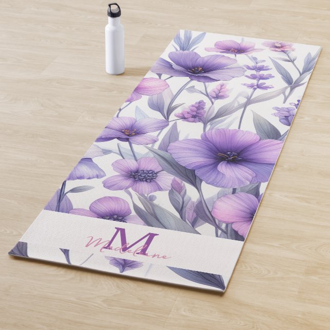 Lavender Purple Watercolor Florals Name Monogram Yoga Mat (In Situ)