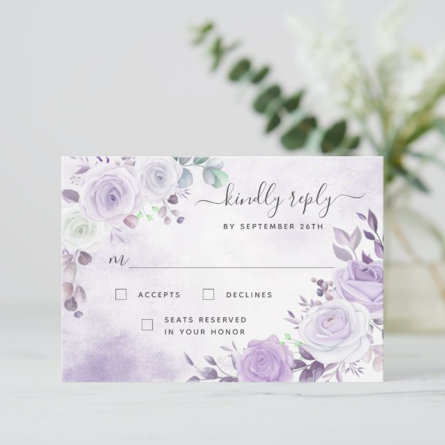 Lavender Purple Watercolor Florals RSVP Card (Standing Front)