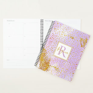Lavender purple watercolor, gold confetti monogram planner