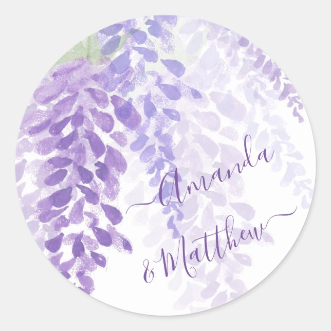 Lavender Purple Watercolor Wisteria Blooms Wedding Classic Round Sticker (Front)