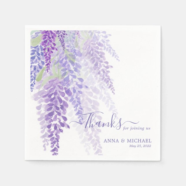 Lavender Purple Watercolor Wisteria Blooms Wedding Napkin (Front)