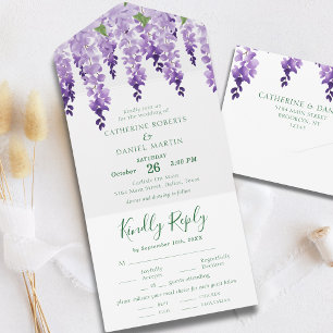 Lavender Purple Watercolor Wisteria Wedding All In One Invitation