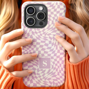 Lavender Purple Wavy Chequered Monogrammed iPhone 15 Case