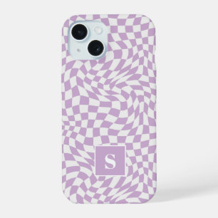 Lavender Purple Wavy Chequered Monogrammed iPhone 15 Case