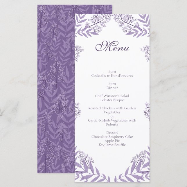 Lavender Purple Wedding Botanical Menu (Front/Back)