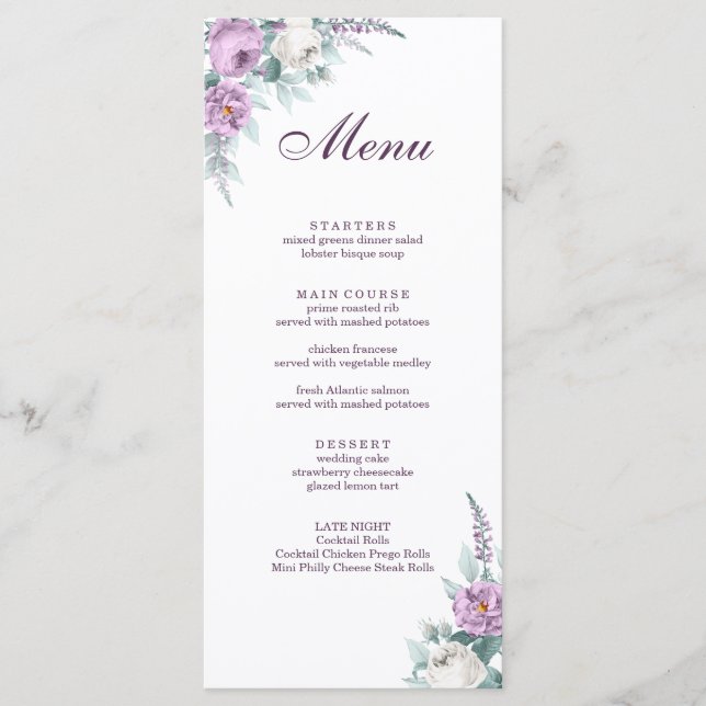 Lavender Purple Wedding Menu Card (Front)