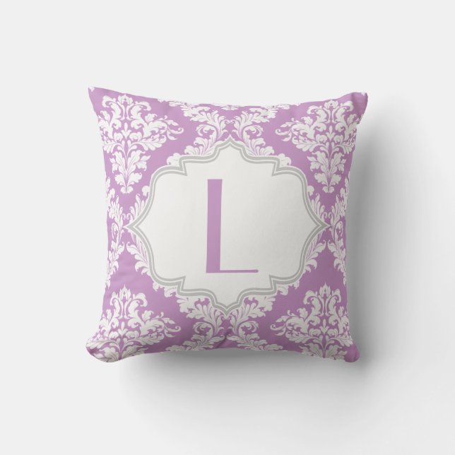 Lavender purple, white damask pattern throw cushion (Front)