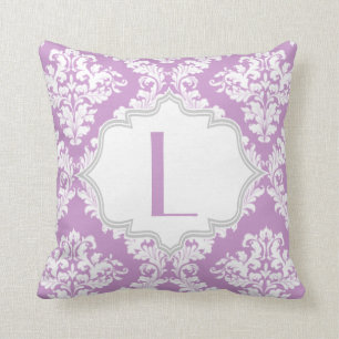 Lavender purple, white damask pattern throw cushion