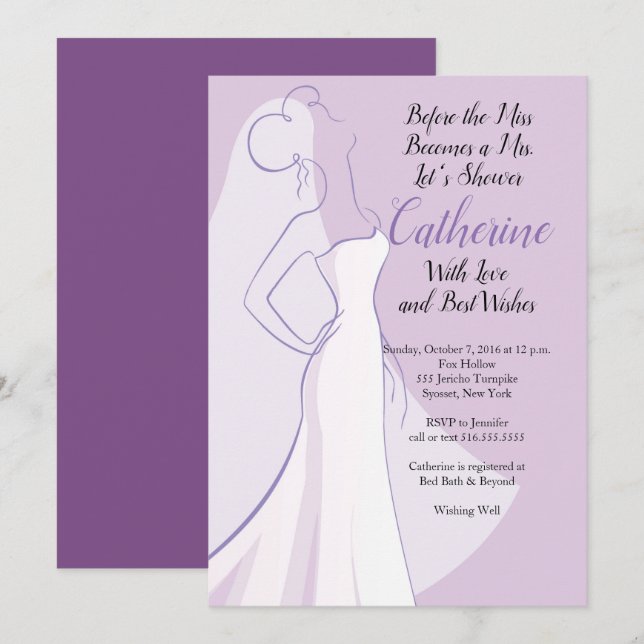 Lavender Purple White Dress Bridal Shower Invitation (Front/Back)