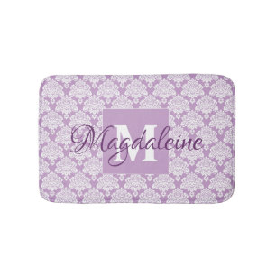 Lavender Purple White Lace Damask Name & Monogram Bath Mat