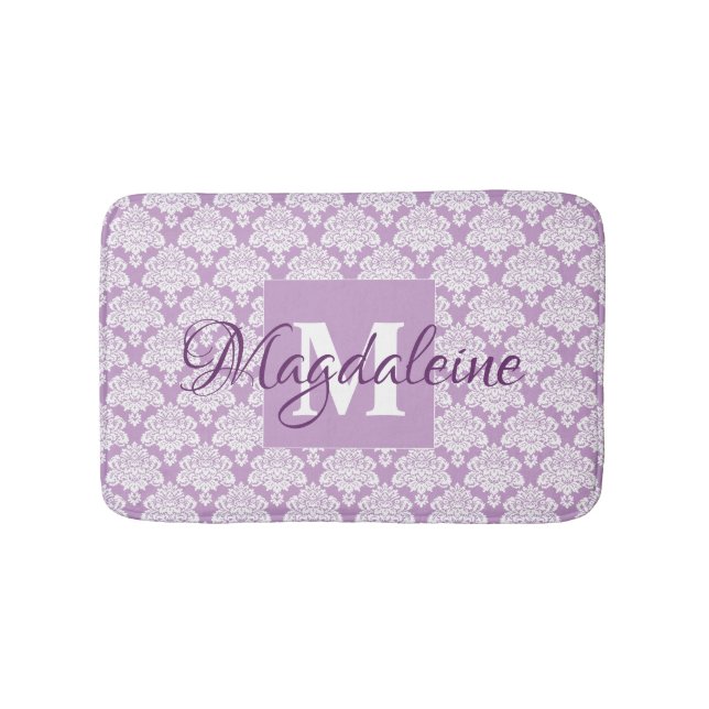 Lavender Purple White Lace Damask Name & Monogram Bath Mat (Front)