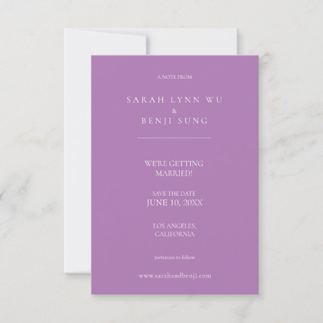 Lavender Purple & White Minimalist Modern Save The Date (Front)