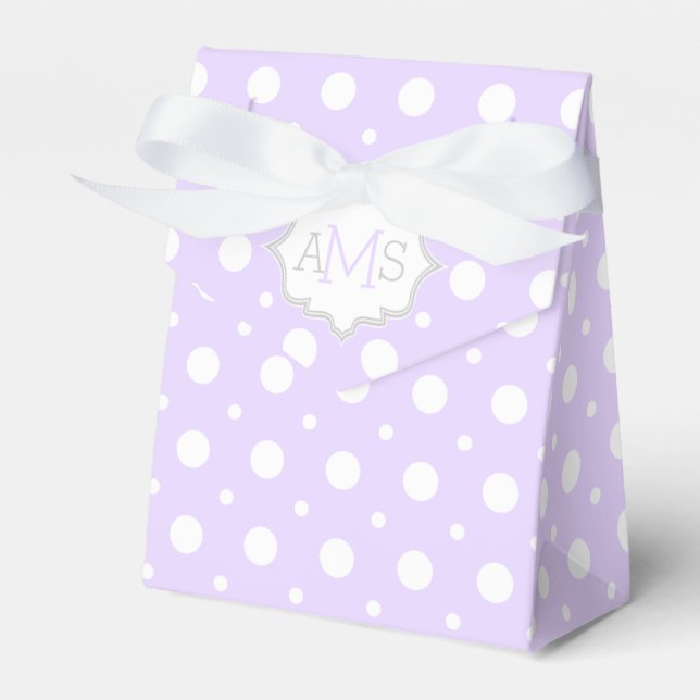Lavender purple, white polka dot monogram wedding favour box (Front Side)