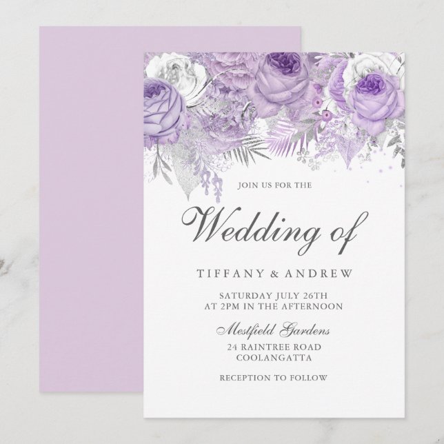Lavender Purple White Silver Flower Wedding Invite (Front/Back)