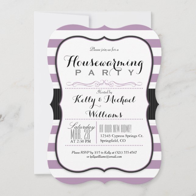 Lavender Purple & White Stripes Housewarming Party Invitation (Front)