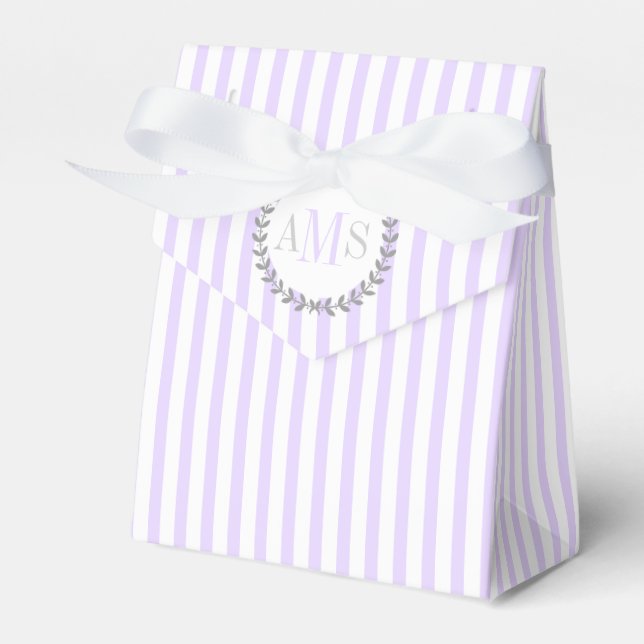 Lavender purple, white stripes monogram wedding favour box (Front Side)