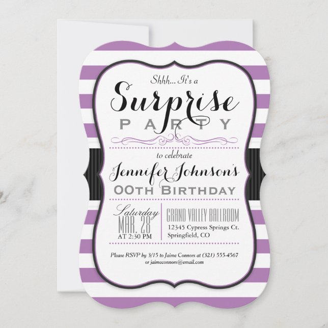 Lavender Purple & White Stripes Surprise Party Invitation (Front)