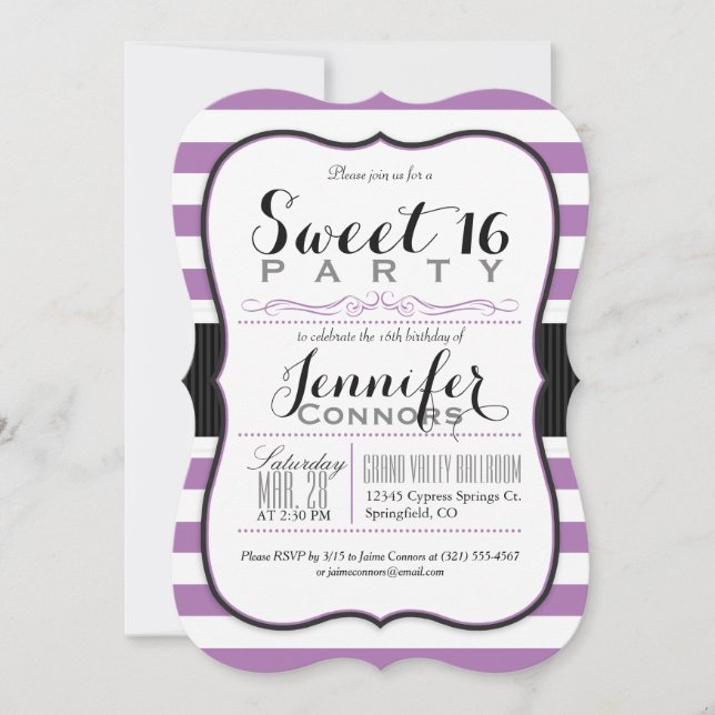 Lavender Purple & White Stripes Sweet 16 Party Invitation (Front)