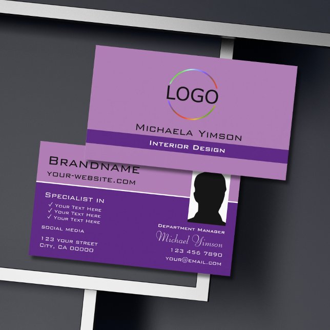 Lavender Purple with Logo and Photo Professional Business Card (Creator Uploaded)