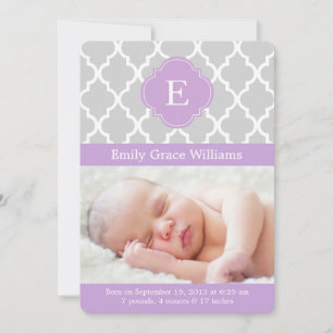 Lavender Quatrefoil Monogram Birth Announcements