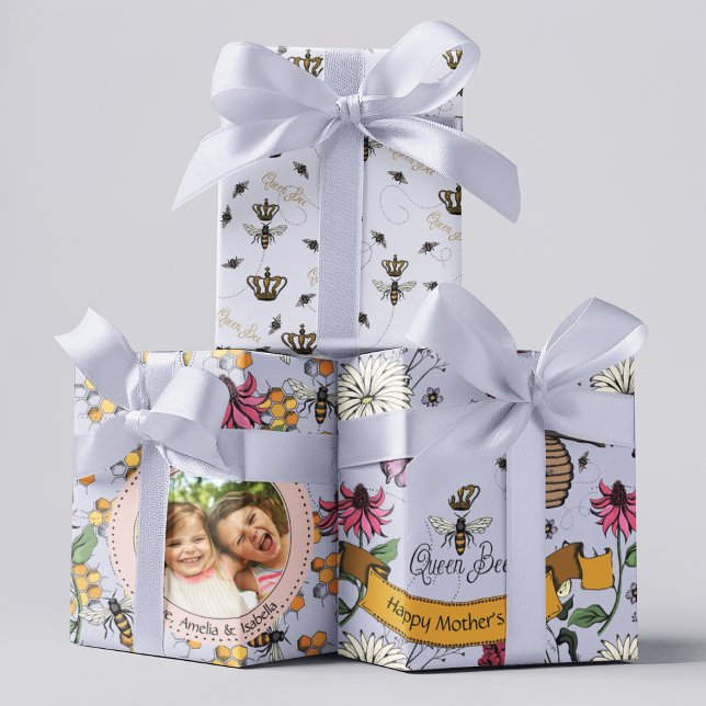 Lavender Queen Bee & Gold Crown Photo Wrapping Paper Sheet (3 Pretty Hand-Drawn Mothers Day Royal Queen Bee Patterns in Purple. Custom Photo & Personal Messages)