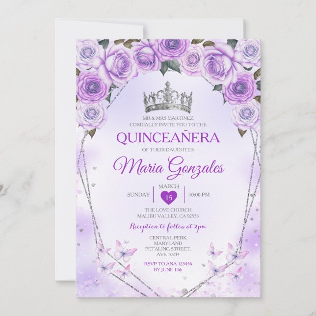 Lavender Quinceañera Crown 15 Anos Butterfly Invitation (Front)