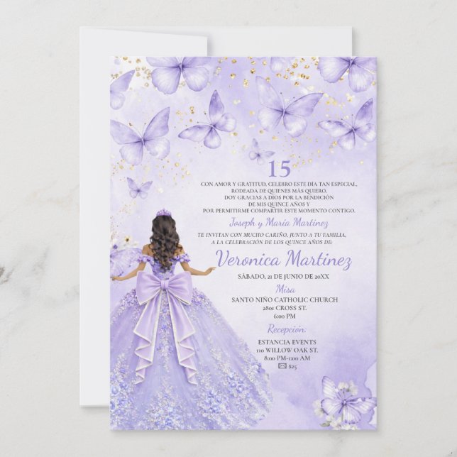 Lavender Quinceañera Invitation with Butterflies (Front)